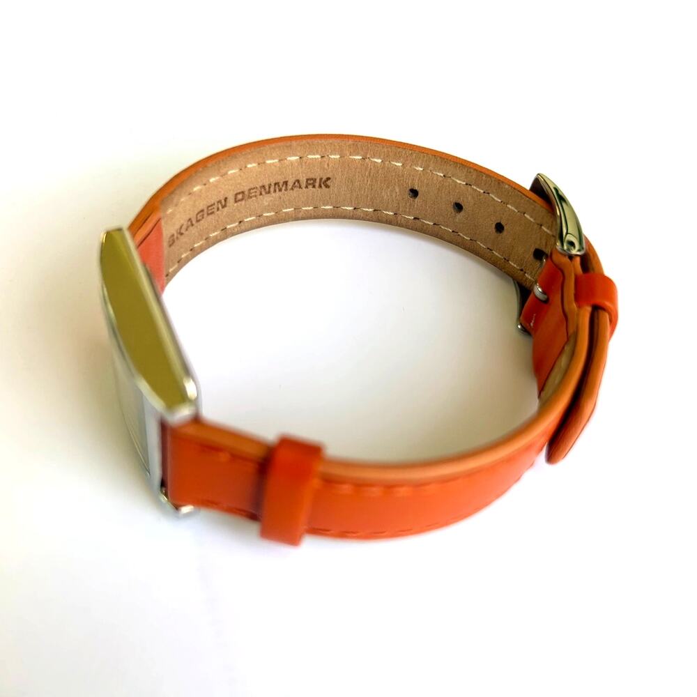 Skagen Denmark Square Watch Mother of Pearl Orange Leather Strap 2000s Vintage - Picture 10 of 14